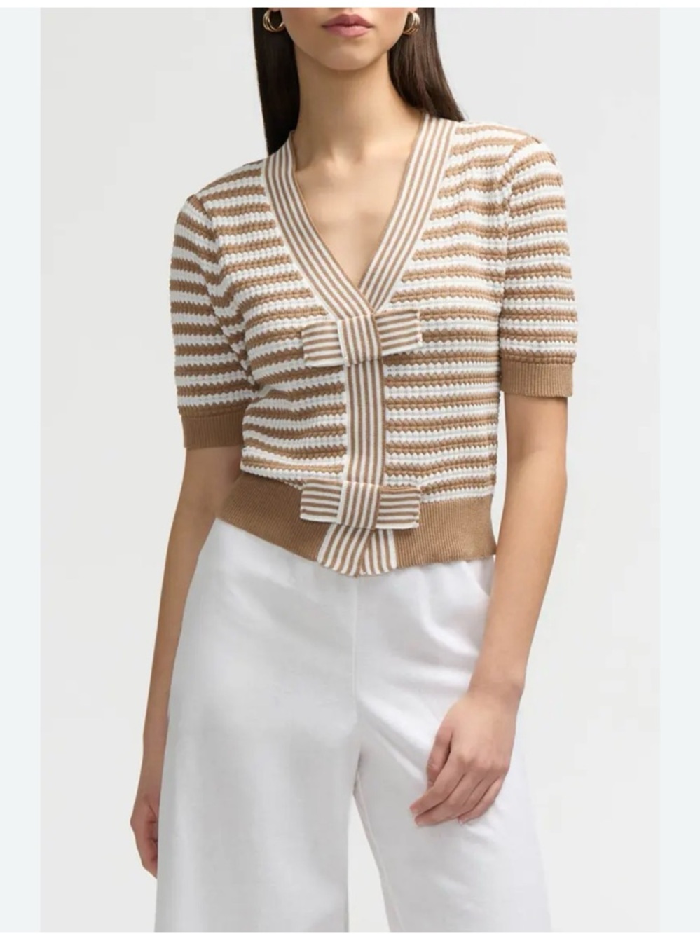 Nvlt L Tan-White V Neck Short Sleeve Striped Bow Cardigan Coquette Quiet Luxury
